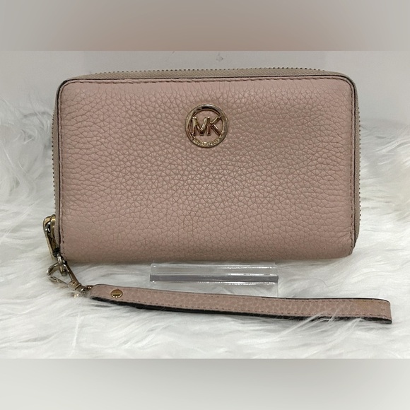 Michael Kors Pink Pebbled Leather Zip-Around Wristlet Wallet MK Logo Clutch - Picture 1 of 8